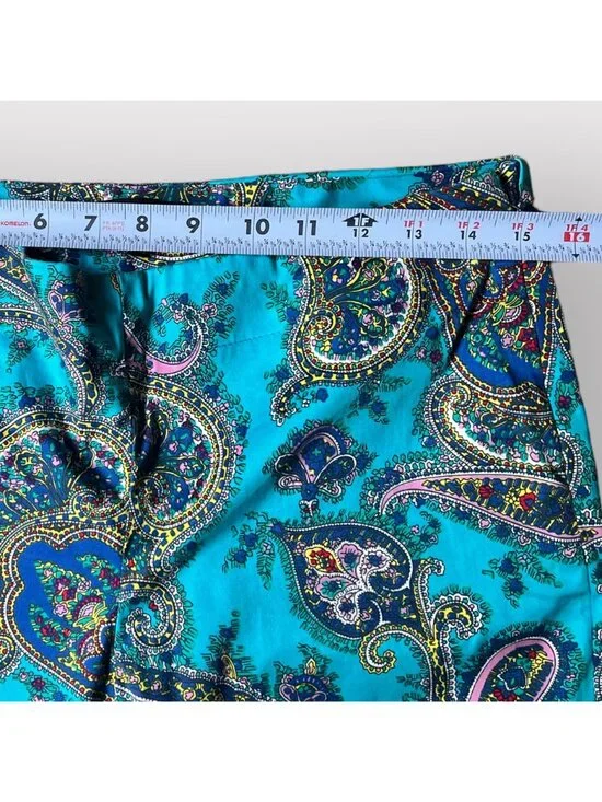 Talbots Size 4 Turquoise Blue Paisley Print Flat Front Slim Cropped Capri Pants - Picture 4 of 10